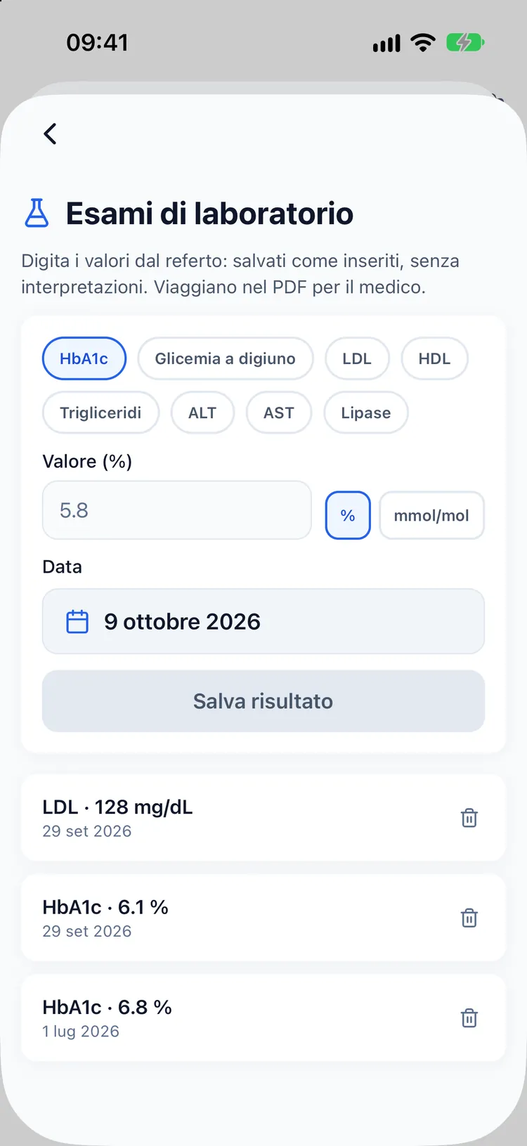Schermata dei risultati degli esami con valori di HbA1c e LDL salvati esattamente come inseriti