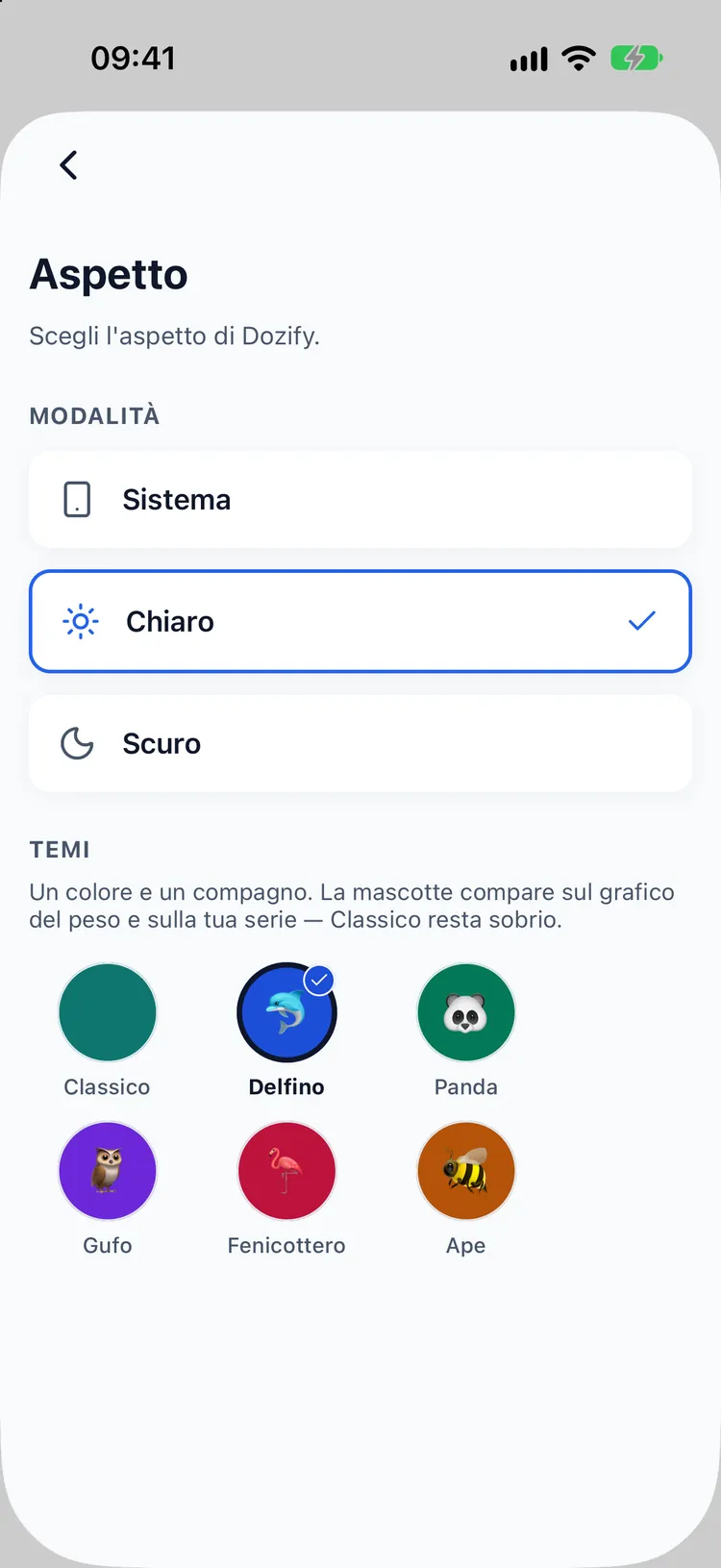 Selettore dei temi con sei mascotte: Classico, Delfino, Panda, Gufo, Fenicottero e Ape