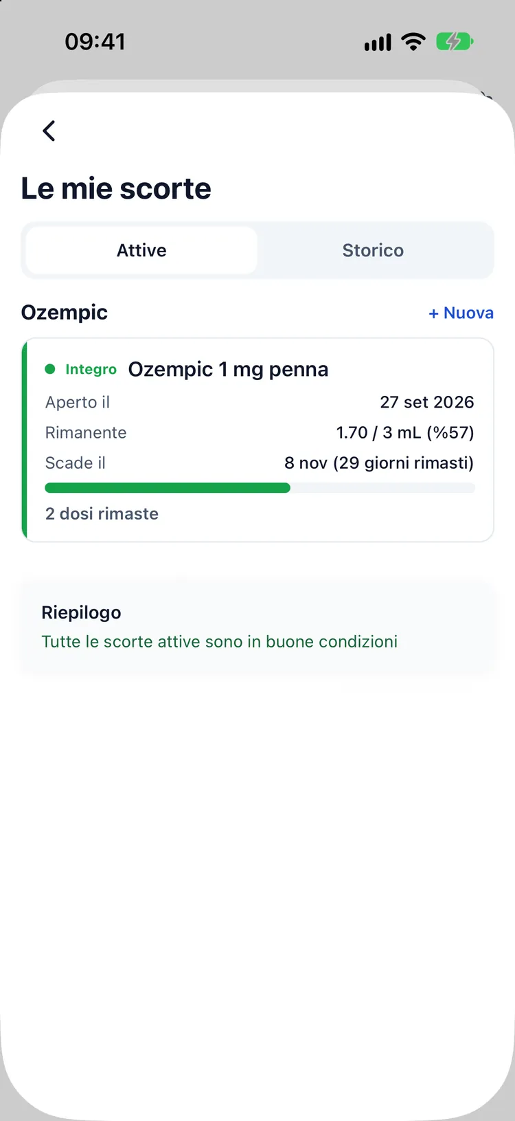 Scorta del flaconcino, dosi rimanenti, giorni dall’apertura e data di scadenza