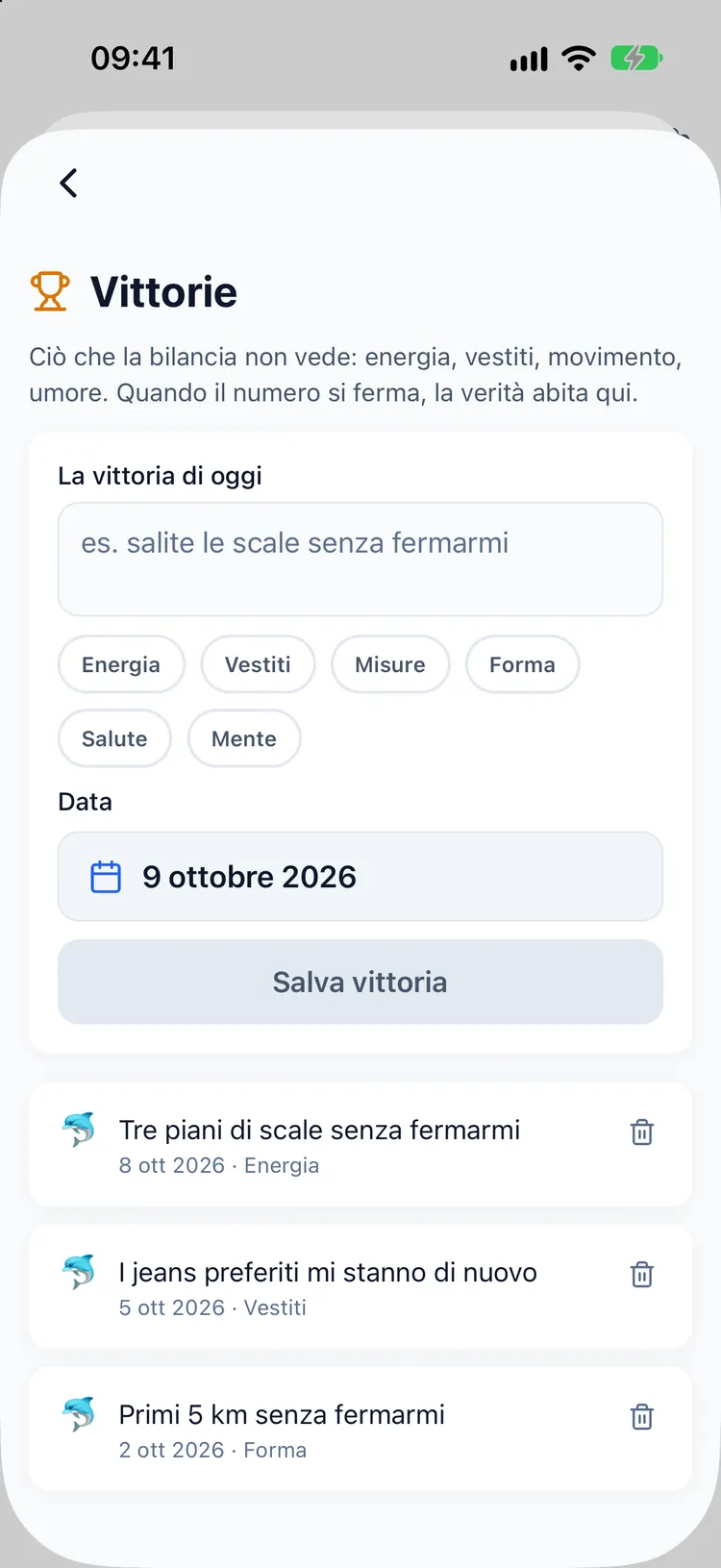 Il diario dei traguardi con voci come vestiti che stanno meglio e scale più facili