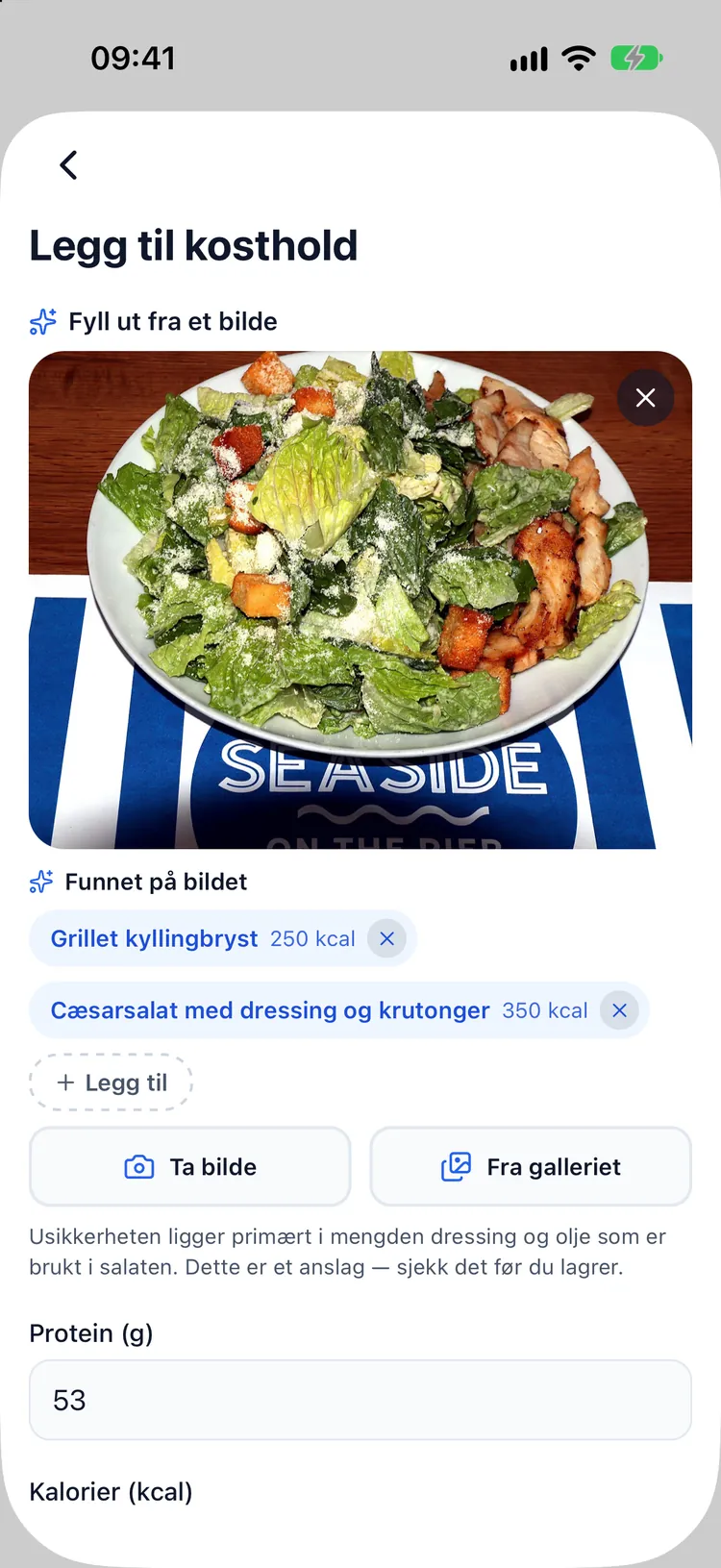 AI-resultat: hver matvare funnet på tallerkenen med kalorier og protein, klar til å redigeres
