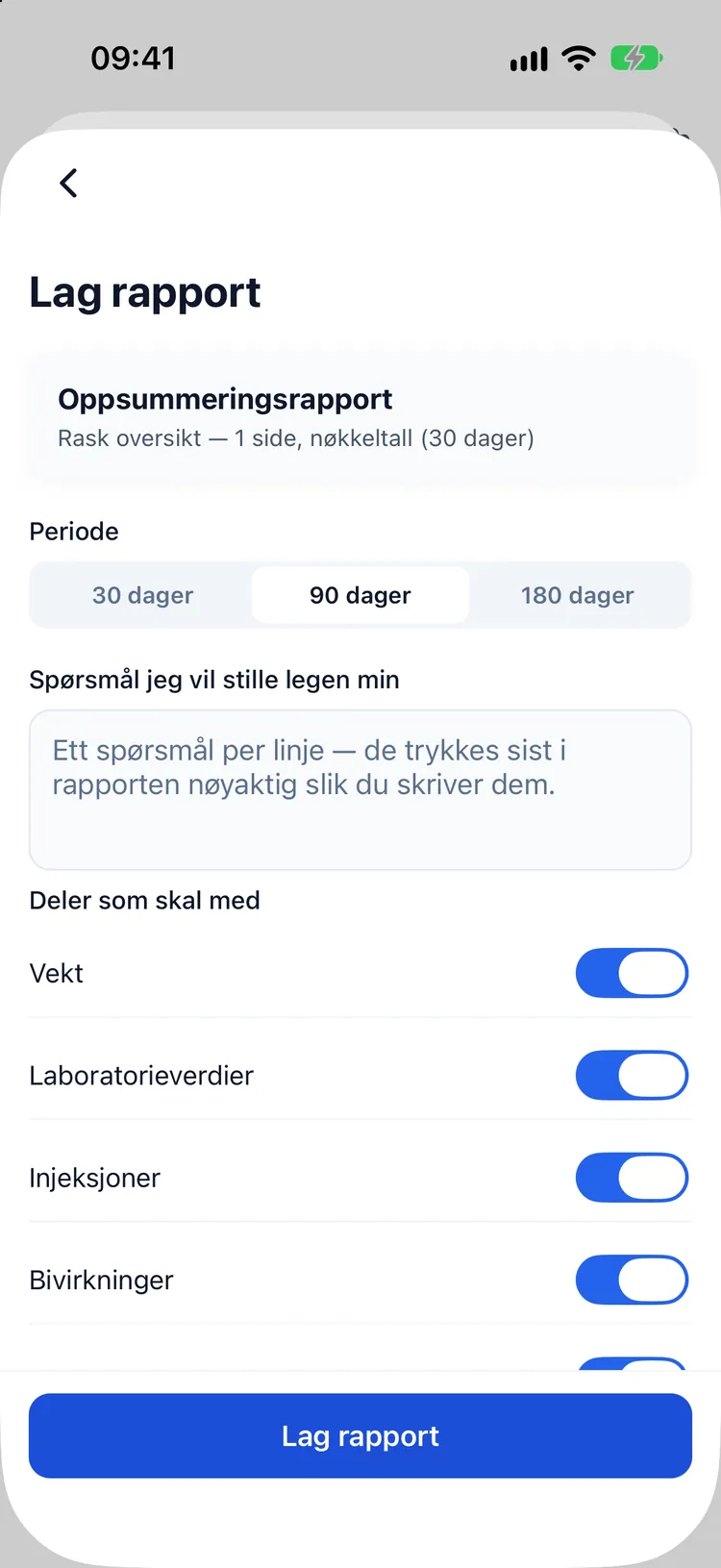 Lage en rapport til legetimen: periode, hvilke deler som skal med, og spørsmålene du vil stille