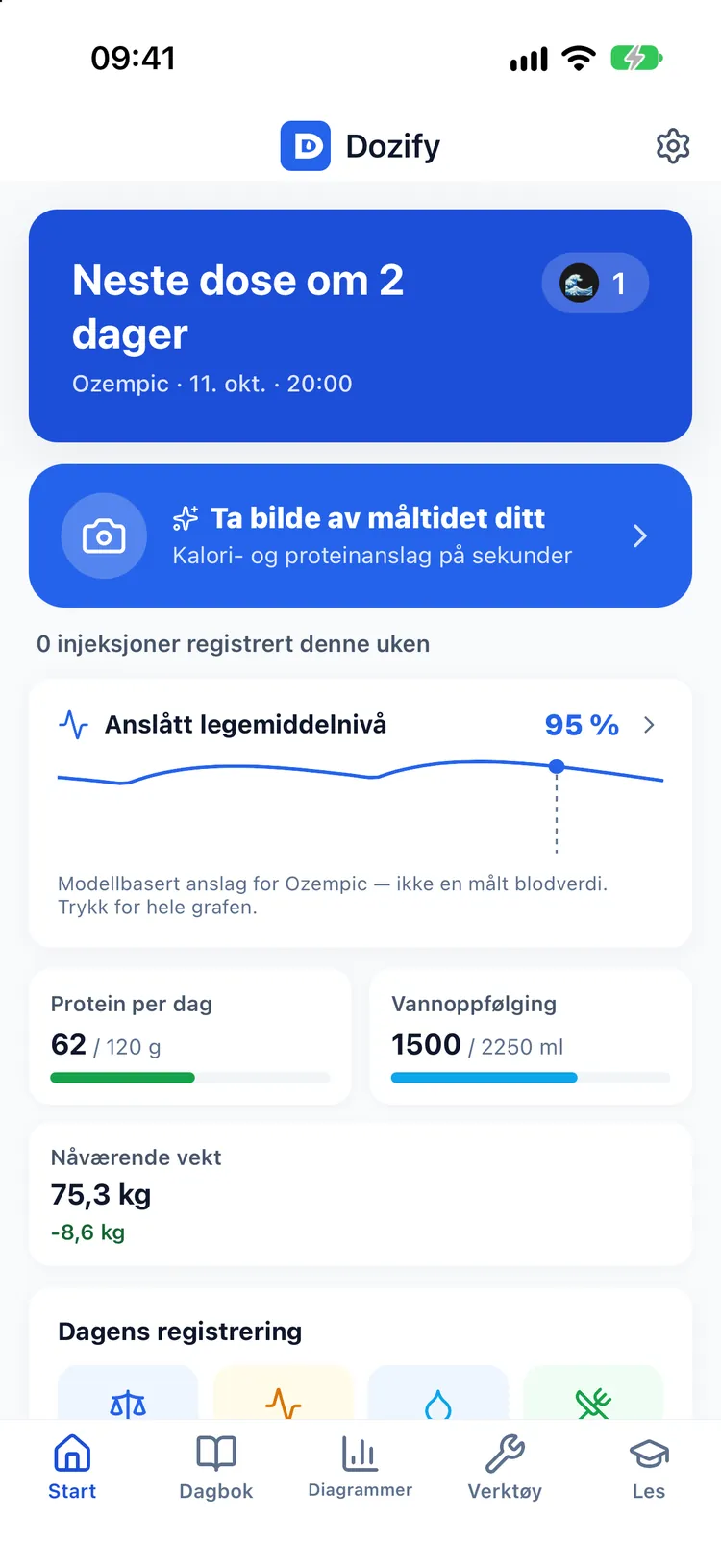 Dozify-startskjermen i Delfin-temaet: neste dose, Ta bilde av måltidet ditt, legemiddelnivå, protein, vann og vekt