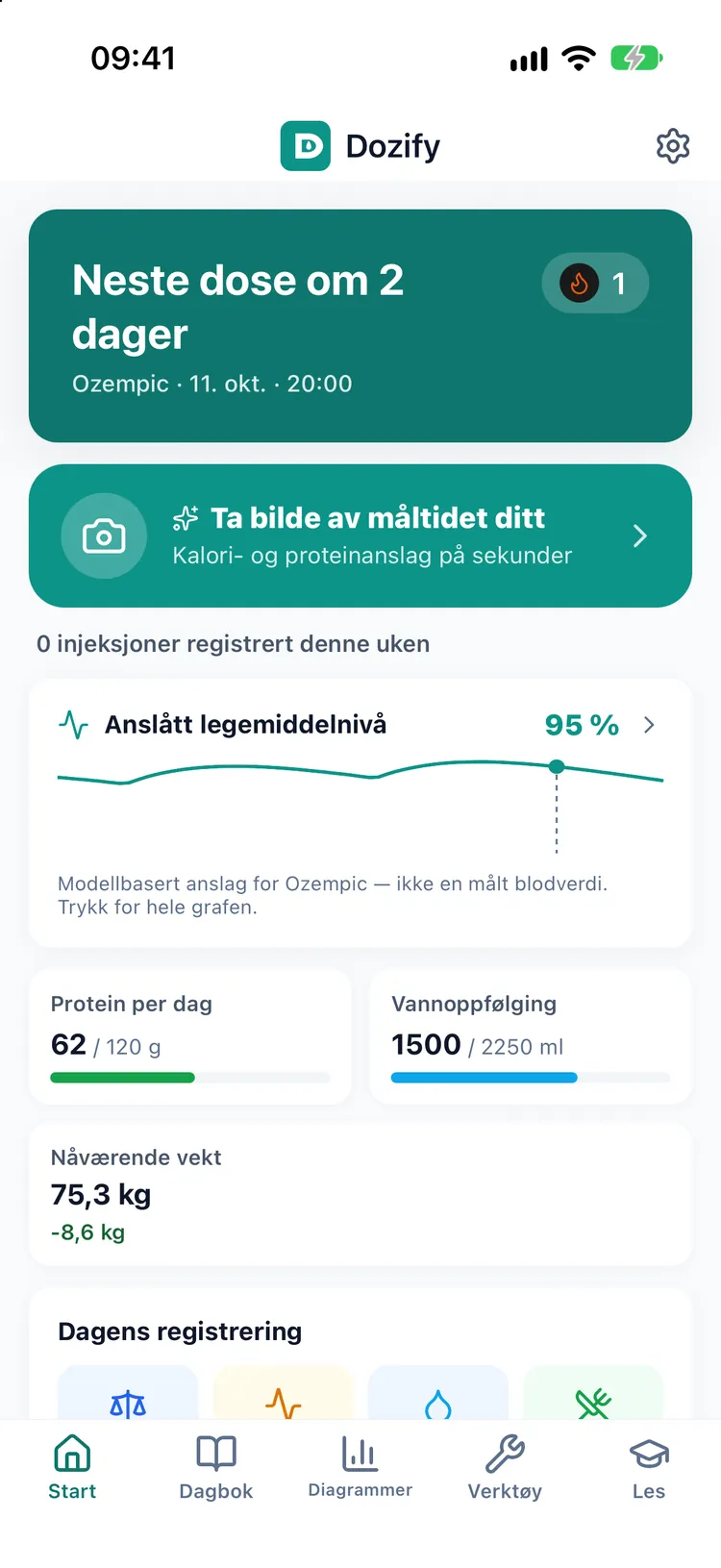 Startskjermen i Dozify: nedtelling til neste dose, ukens injeksjoner, dagens protein og vann, og nåværende vekt
