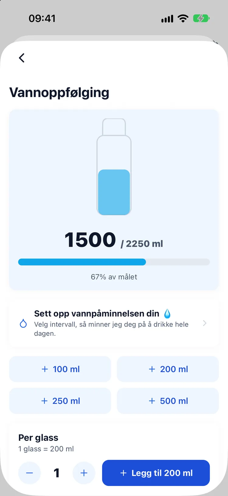 Vannlogging med glasskalkulator og hurtigvalg for mengder