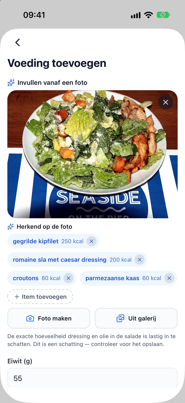 AI-resultaat: elk gevonden onderdeel op het bord met calorieën en eiwit, klaar om aan te passen