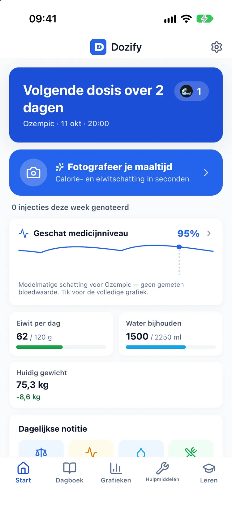 Het startscherm van Dozify in het thema Dolfijn: volgende dosis, "Fotografeer je maaltijd", medicijnspiegel, eiwit, water en gewicht