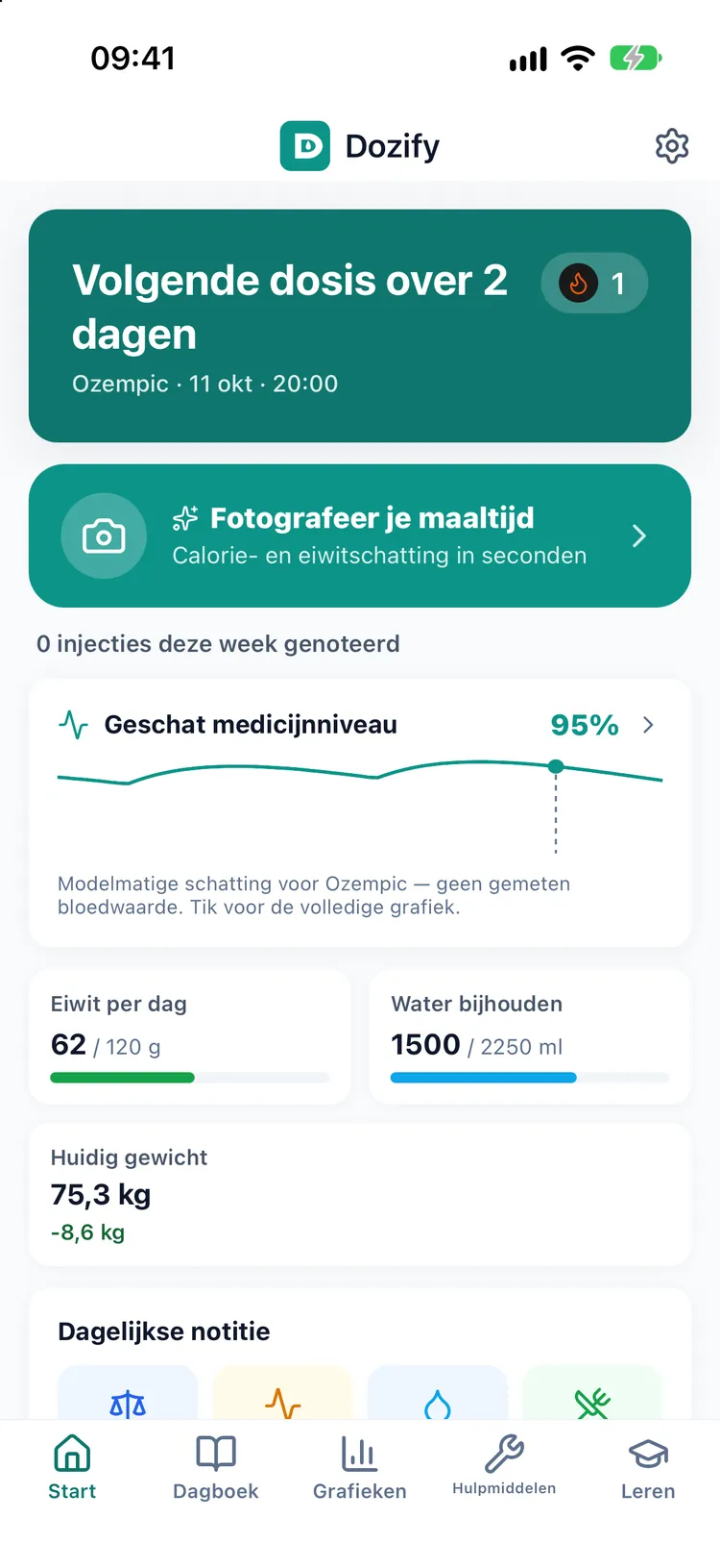 Het startscherm van Dozify: aftellen tot de volgende dosis, de injecties van deze week, eiwit en water voor vandaag en het huidige gewicht