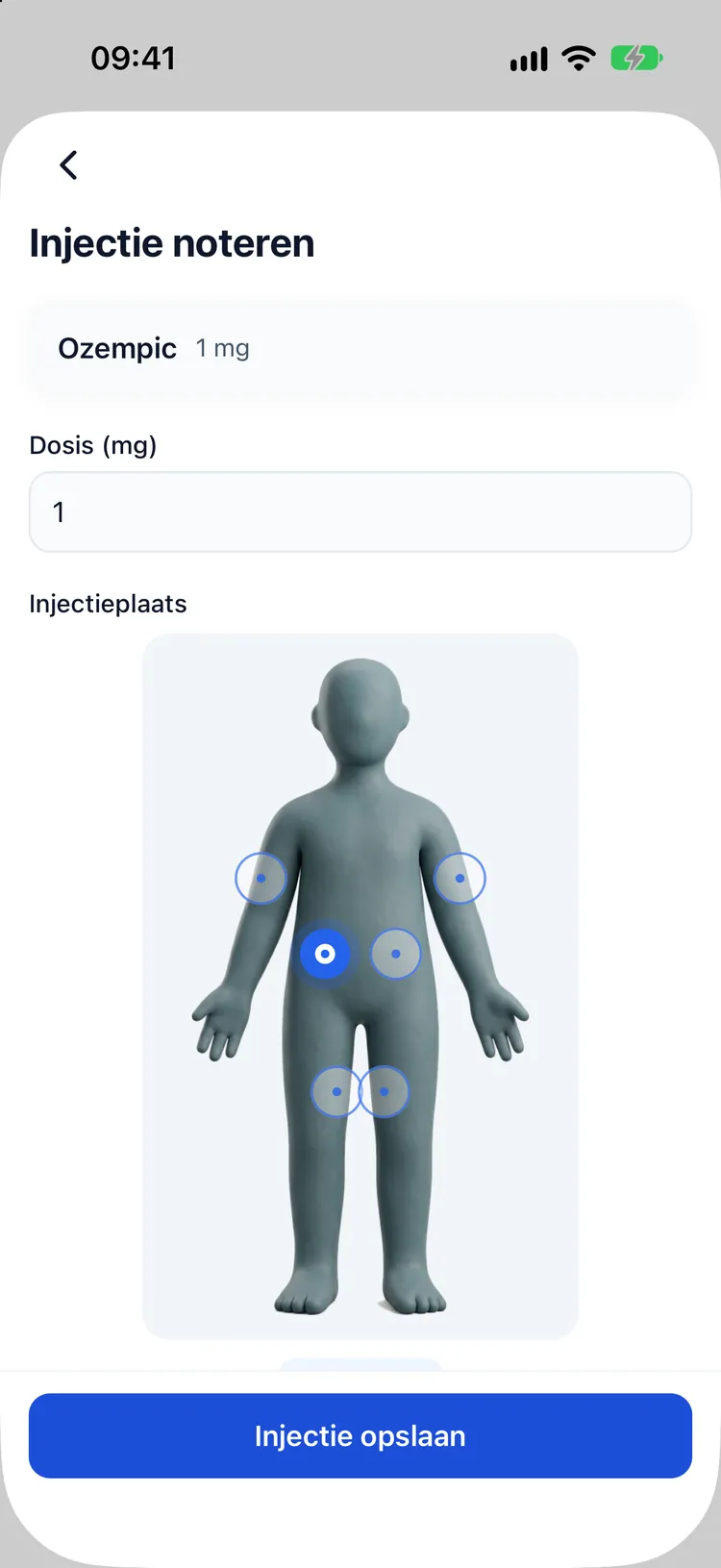 Een injectie loggen met een lichaamskaart die de volgende prikplek voorstelt