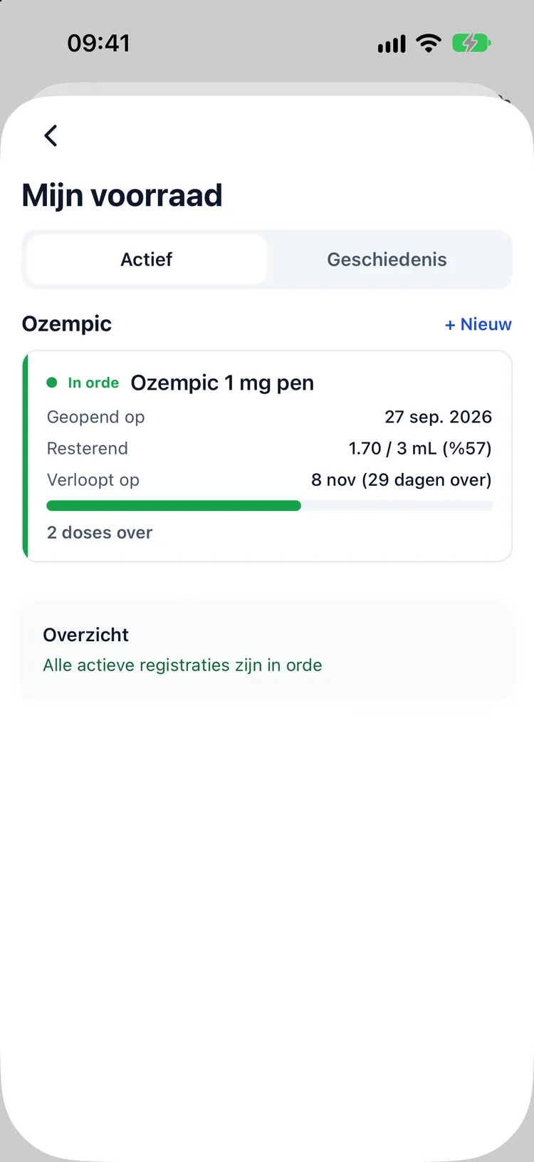 Flaconvoorraad, resterende doses, dagen sinds openen en de houdbaarheidsdatum