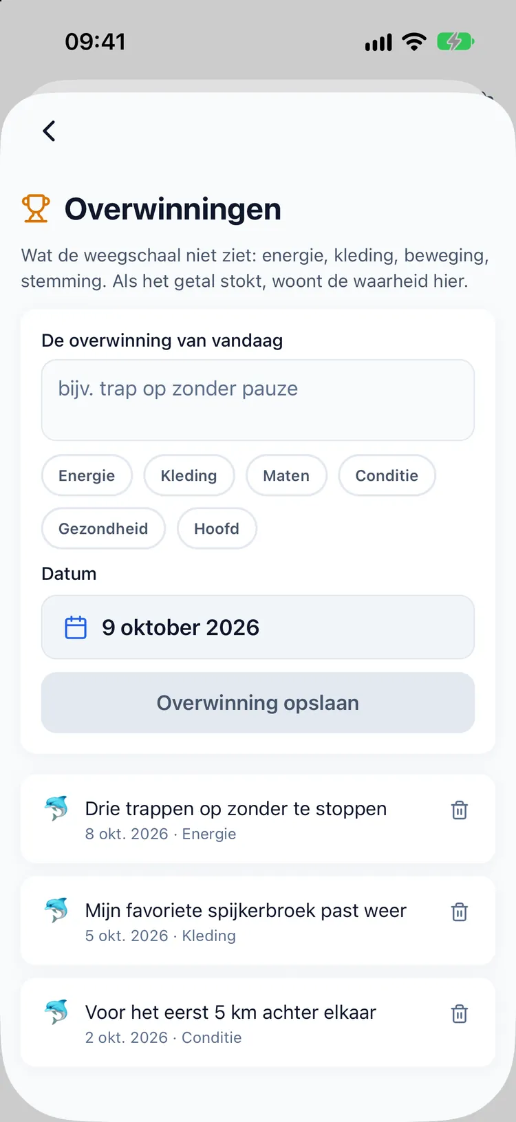 Het overwinningendagboek met items als kleding die beter past en trappen die makkelijker gaan