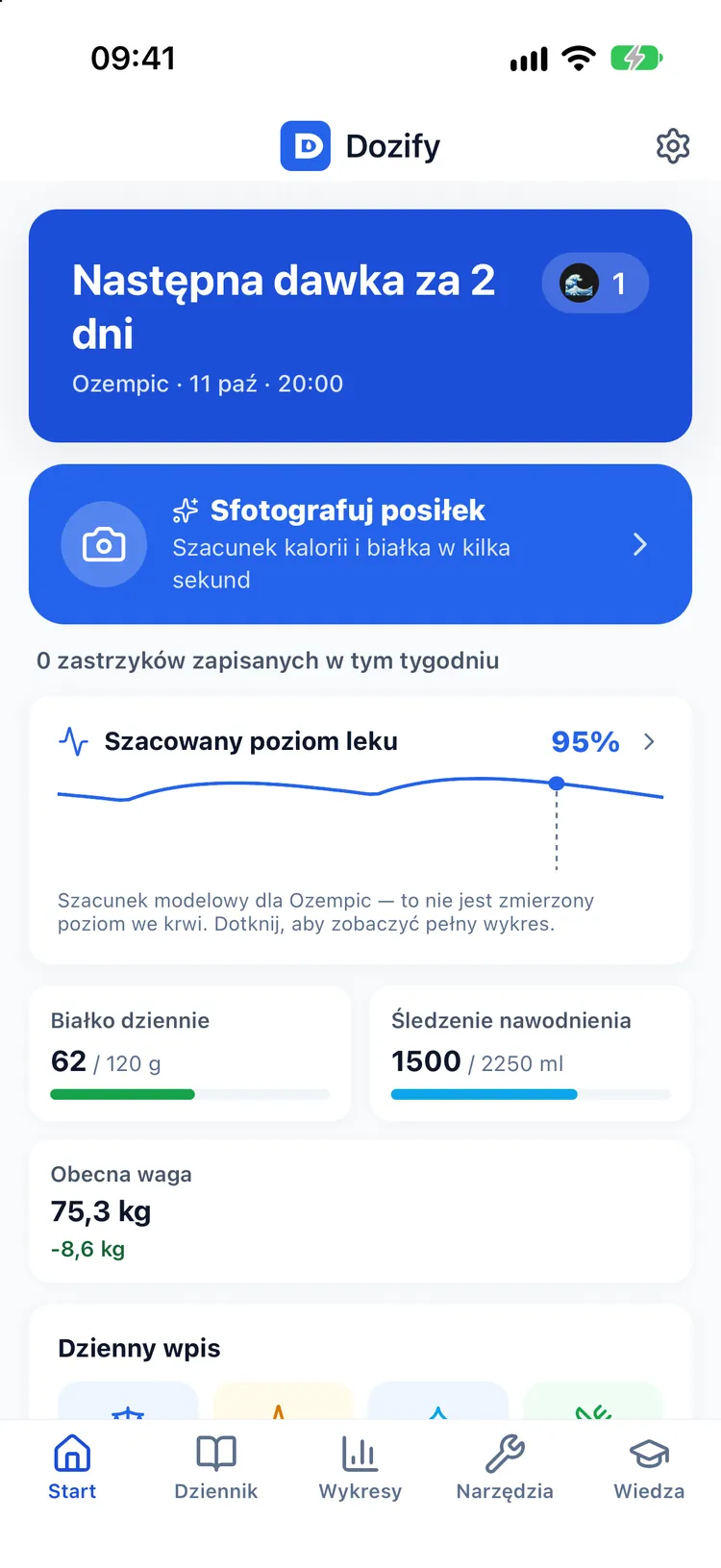 Ekran główny Dozify w motywie Delfin: następna dawka, Sfotografuj posiłek, poziom leku, białko, woda i waga