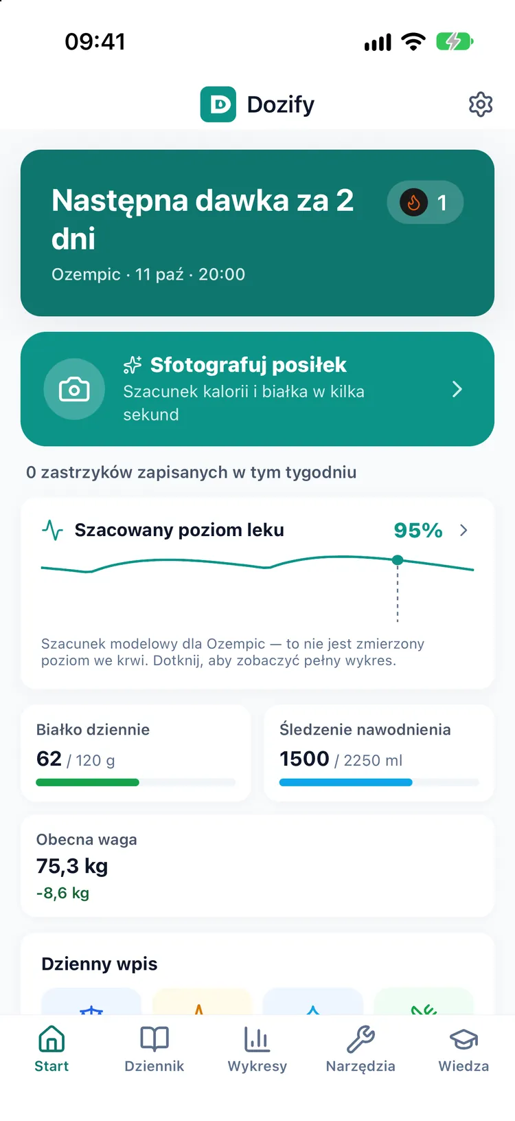 Ekran główny Dozify: odliczanie do następnej dawki, zastrzyki z tego tygodnia, dzisiejsze białko i woda oraz aktualna waga