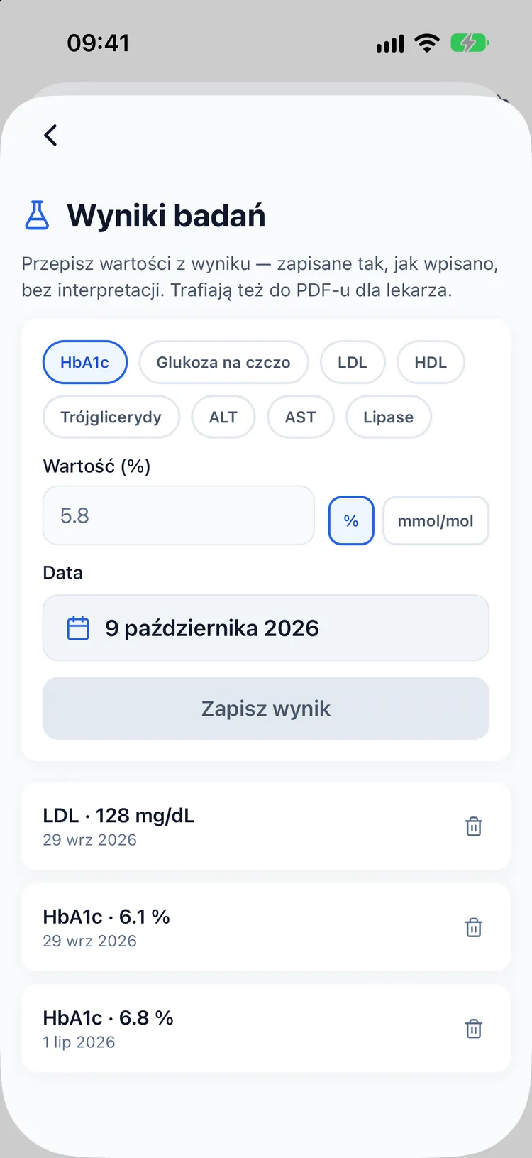 Ekran wyników badań z wpisami HbA1c i LDL zapisanymi dokładnie tak, jak je wpisano