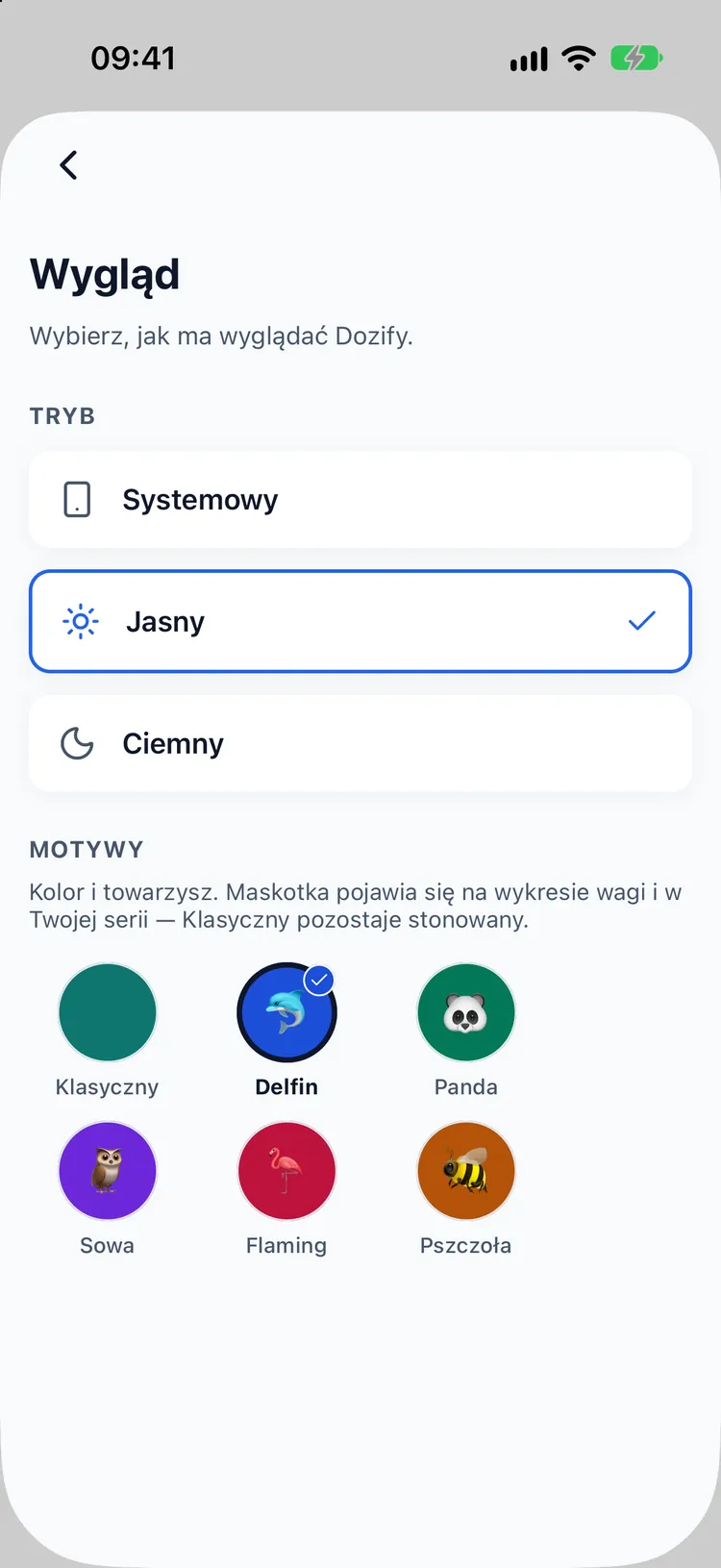 Wybór motywu z sześcioma maskotkami: Klasyczny, Delfin, Panda, Sowa, Flaming i Pszczoła