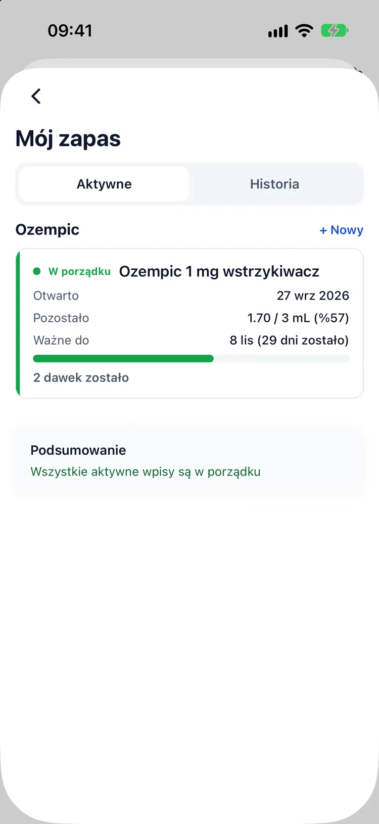 Zapas fiolek, pozostałe dawki, dni od otwarcia i data ważności