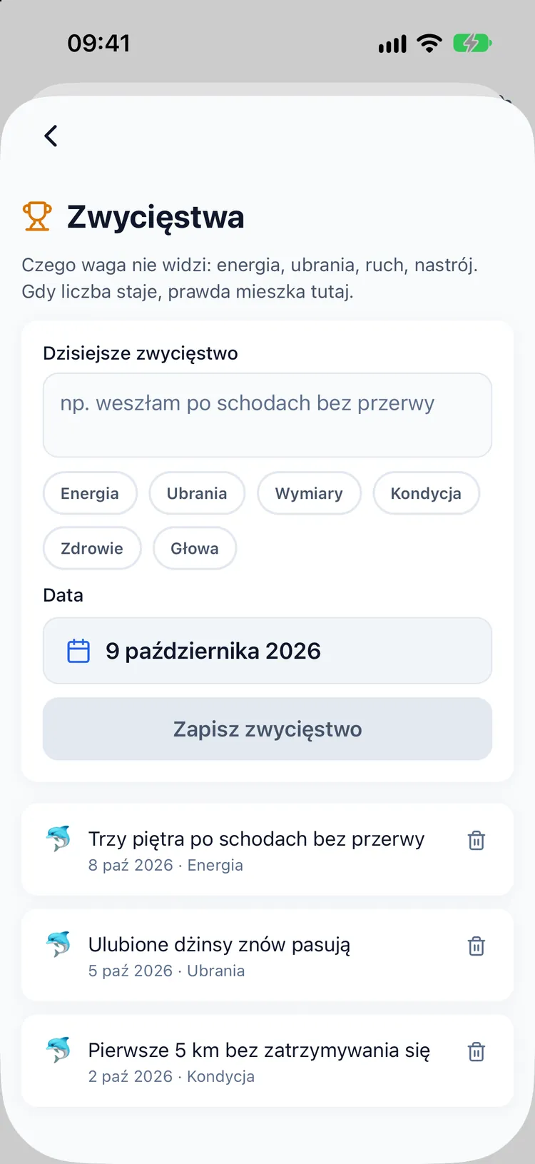 Dziennik sukcesów z wpisami takimi jak lepiej leżące ubrania i łatwiejsze schody