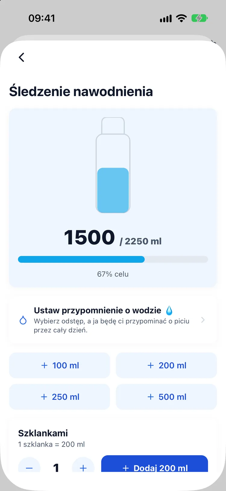 Śledzenie wody z kalkulatorem szklanek i szybkim dodawaniem ilości