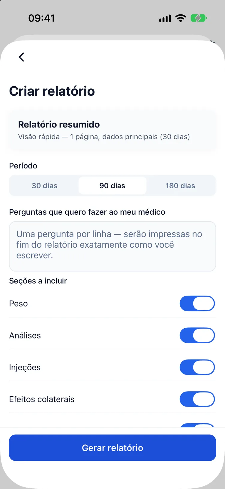 Criar um relatório para a consulta: período, secções a incluir e as perguntas que quer fazer