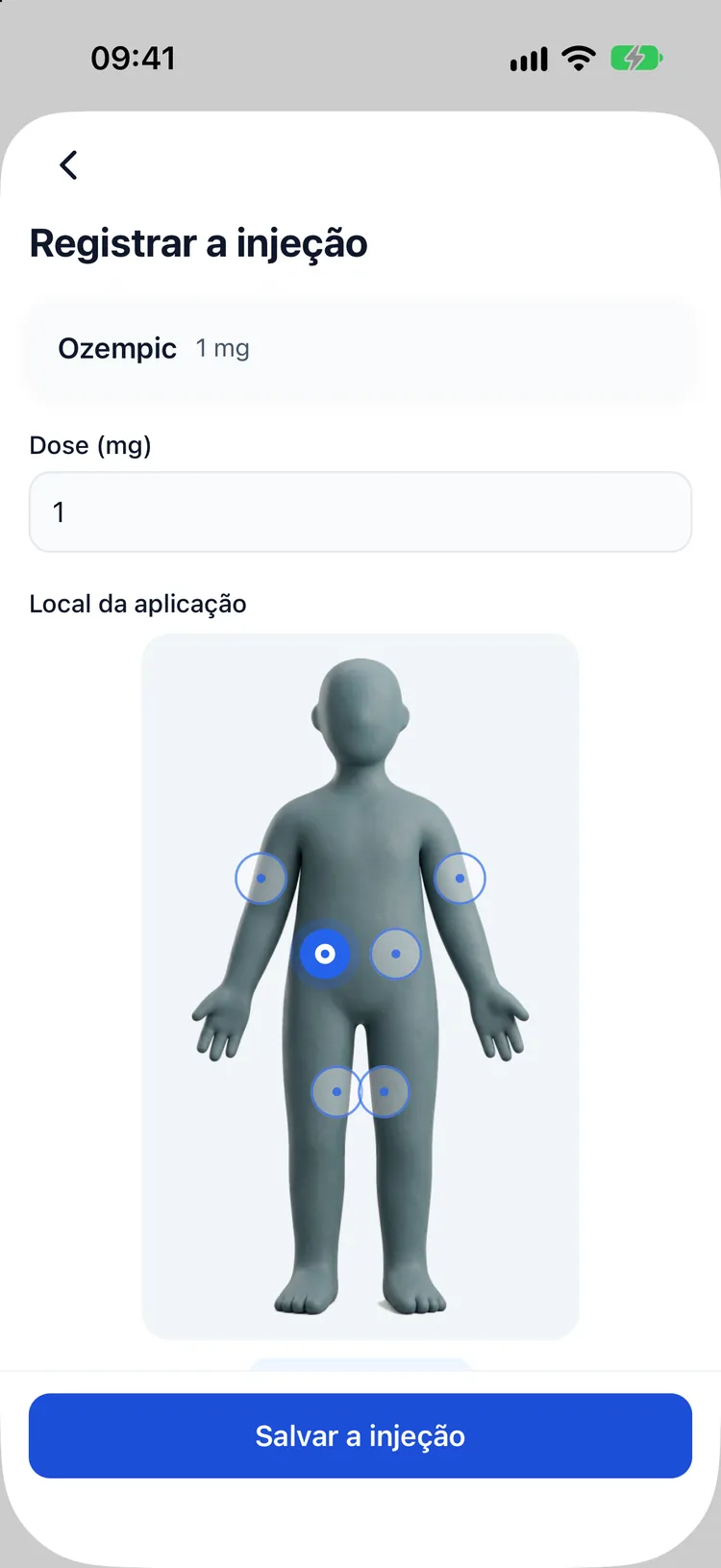 Registo de uma injeção com um mapa dos locais do corpo que sugere o próximo local de rotação