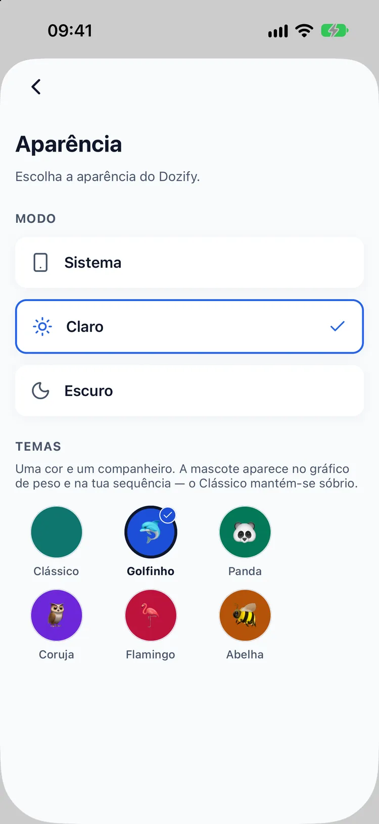 Seletor de temas com seis mascotes: Clássico, Golfinho, Panda, Coruja, Flamingo e Abelha