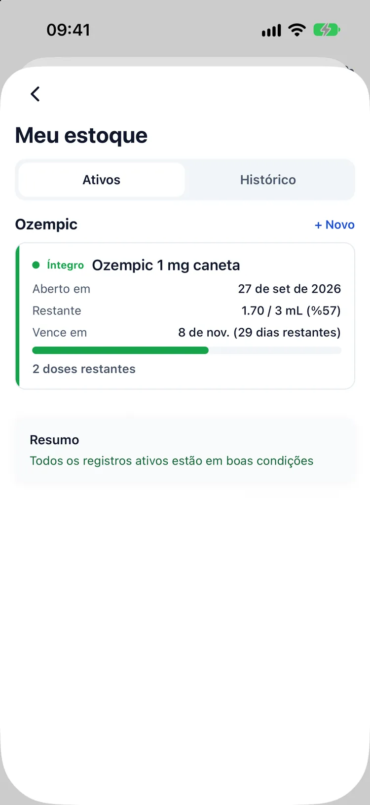 Stock do frasco, doses restantes, dias desde a abertura e data de validade