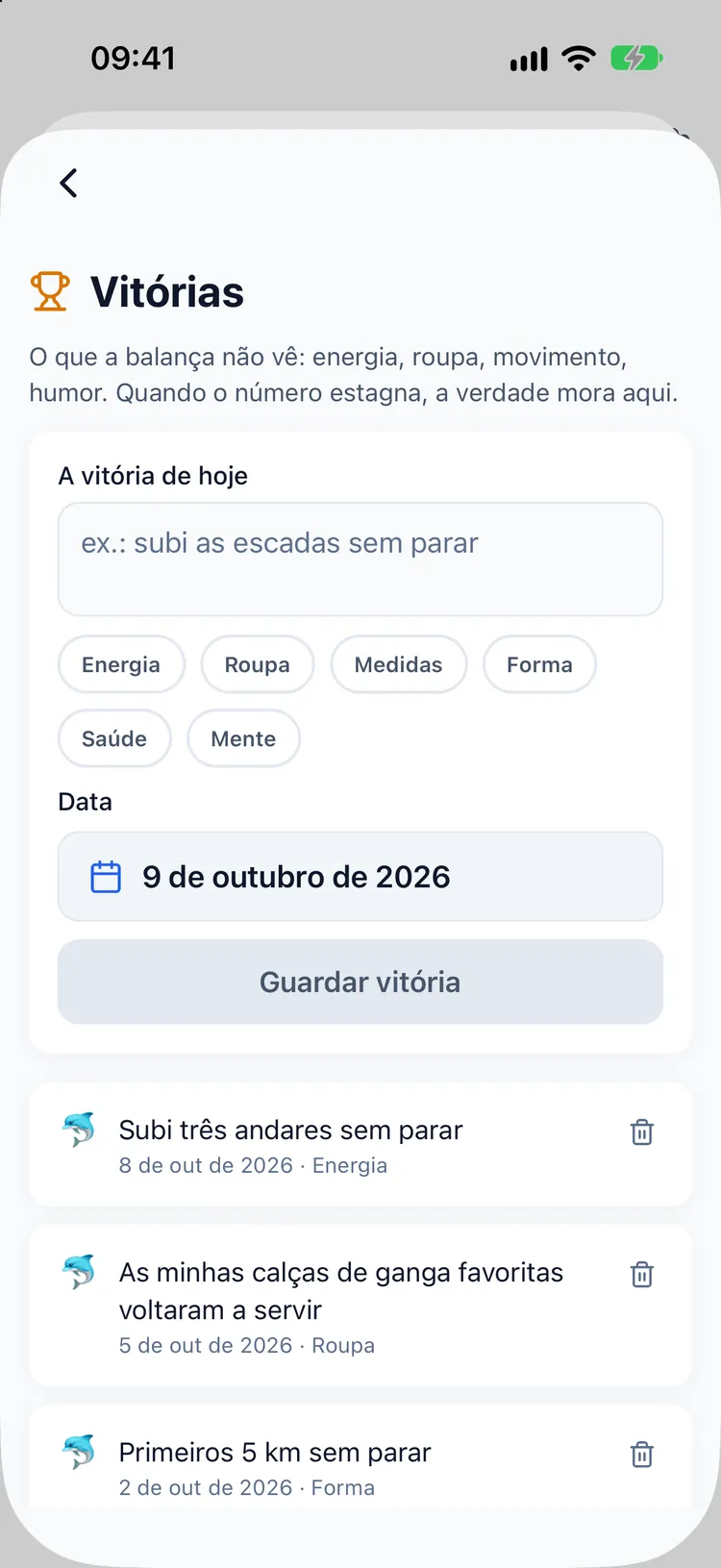 O diário de vitórias com entradas como roupa que serve melhor e escadas mais fáceis