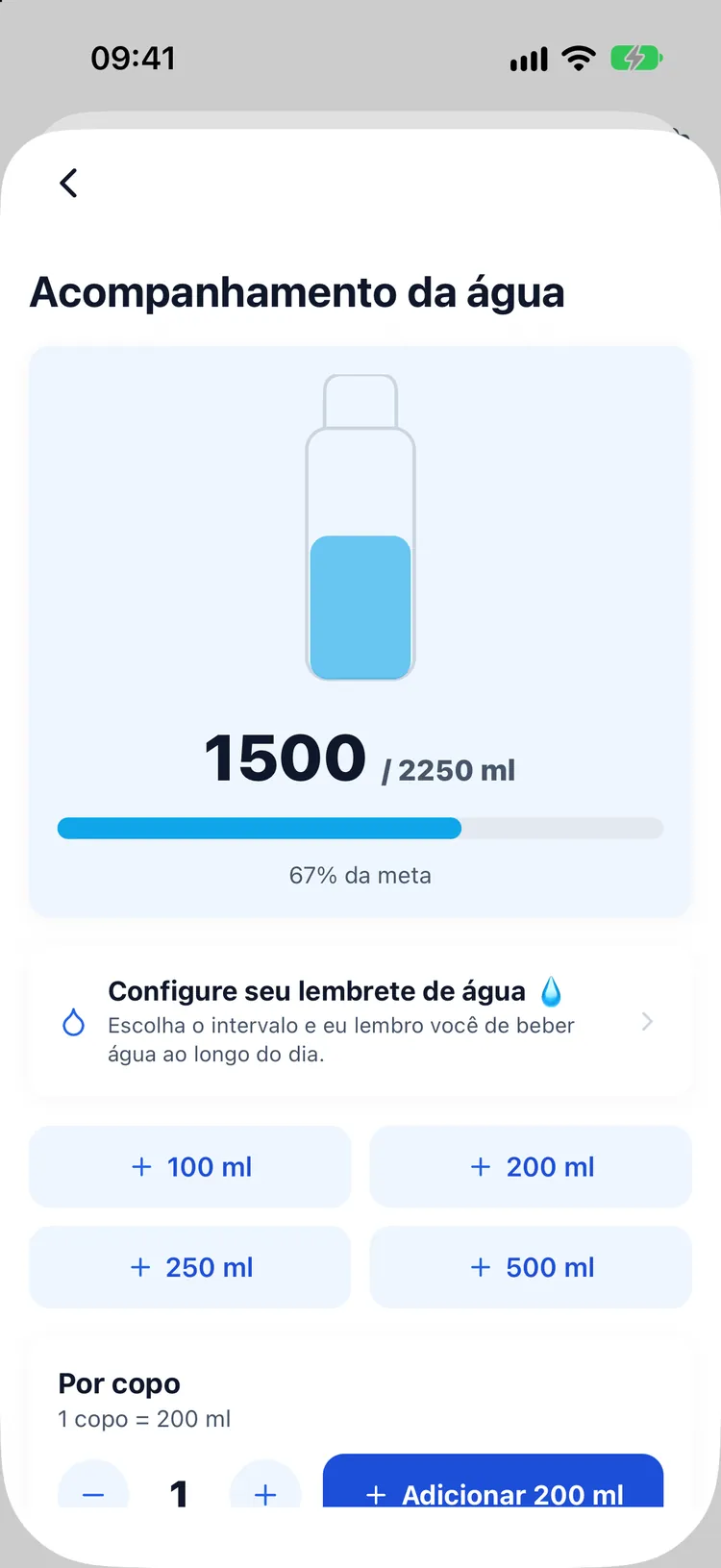 Registo de água com calculadora de copos e quantidades rápidas