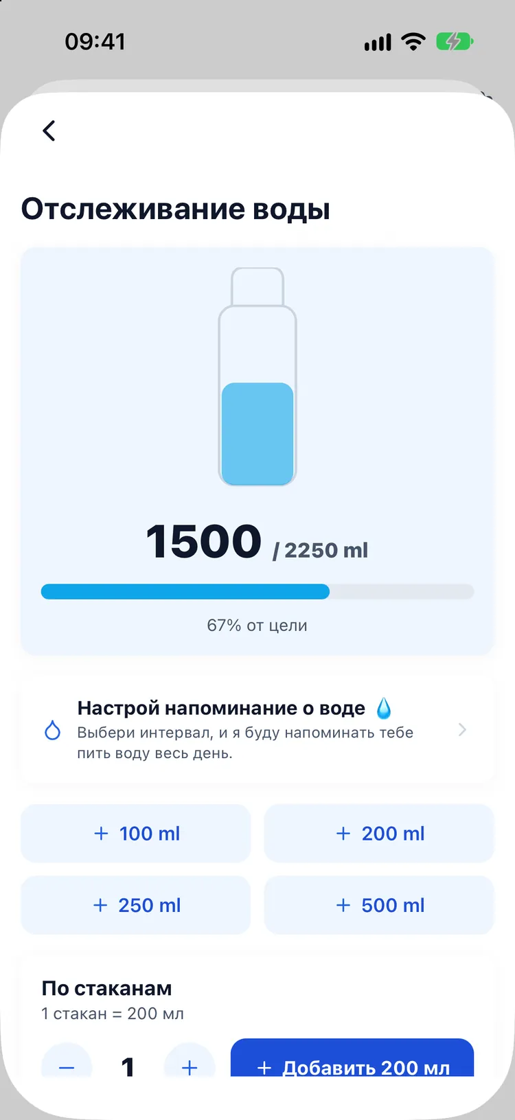 Учёт воды с калькулятором стаканов и быстрым добавлением объёма