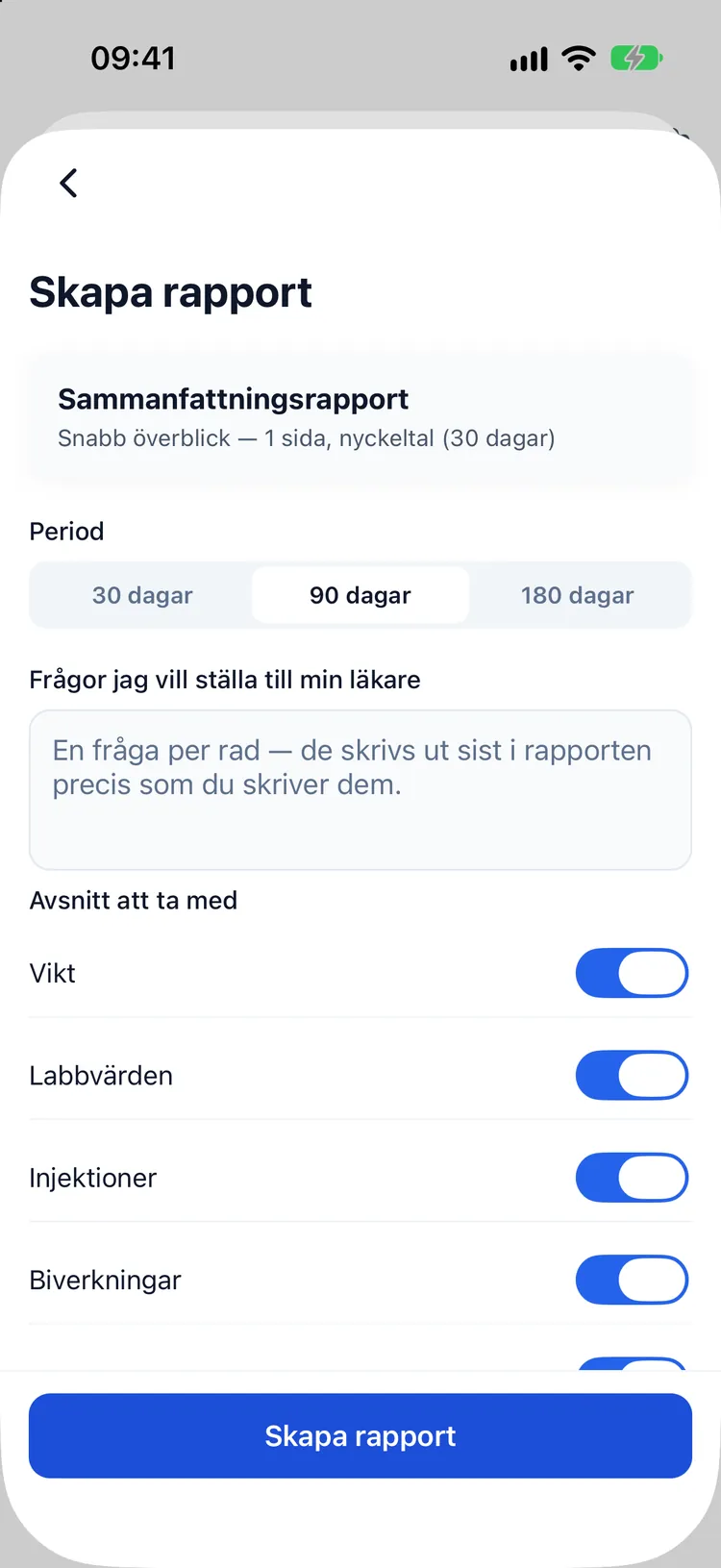Skapa en rapport inför läkarbesöket: period, avsnitt som ska med och frågorna du vill ställa