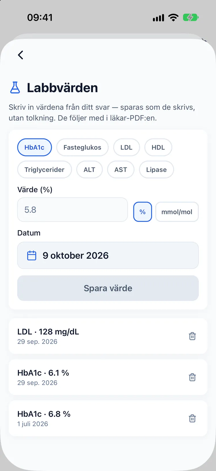 Skärmen för labbresultat med HbA1c- och LDL-värden sparade exakt som de skrevs in