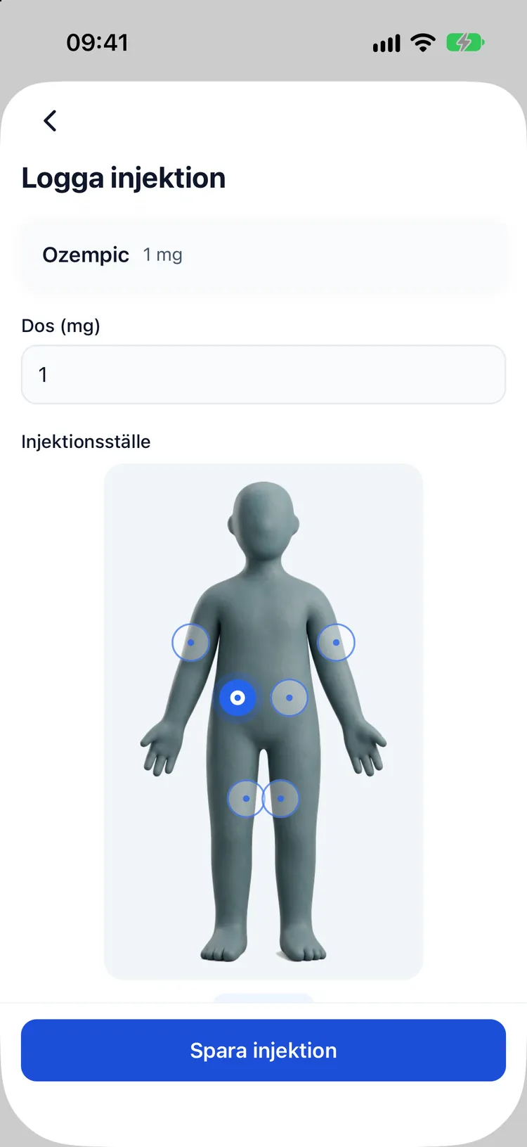 Loggning av en injektion med en kroppskarta som föreslår nästa ställe i rotationen