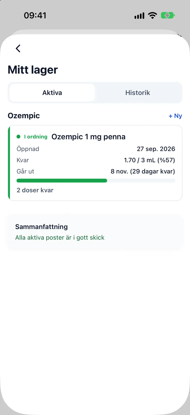 Flasklager, återstående doser, dagar sedan öppning och utgångsdatum