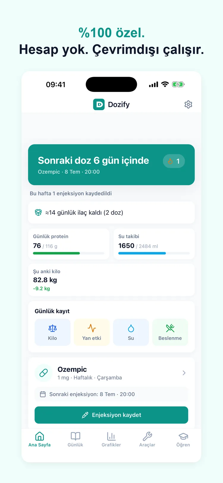 Dozify ana ekranı — %100 özel, hesap yok, çevrimdışı çalışır