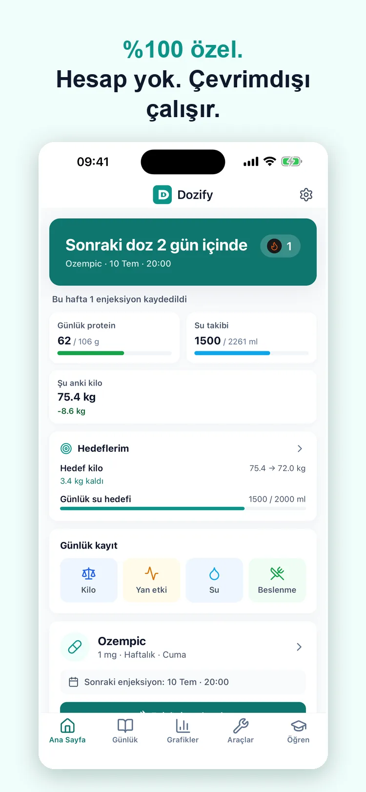 Dozify ana ekranı — %100 özel, hesap yok, çevrimdışı, hedef takibiyle
