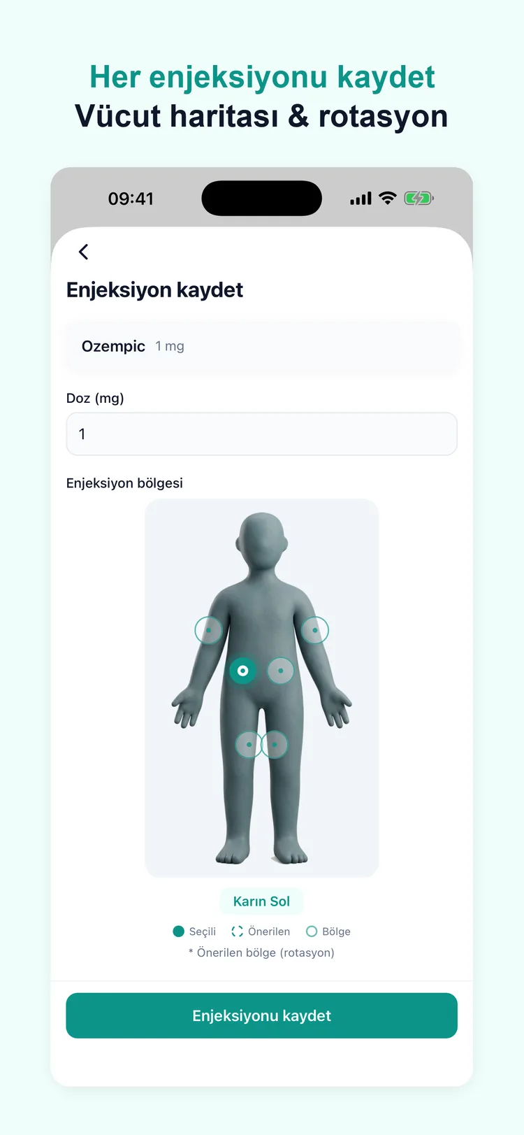 Vücut bölge haritası ile enjeksiyon kaydetme