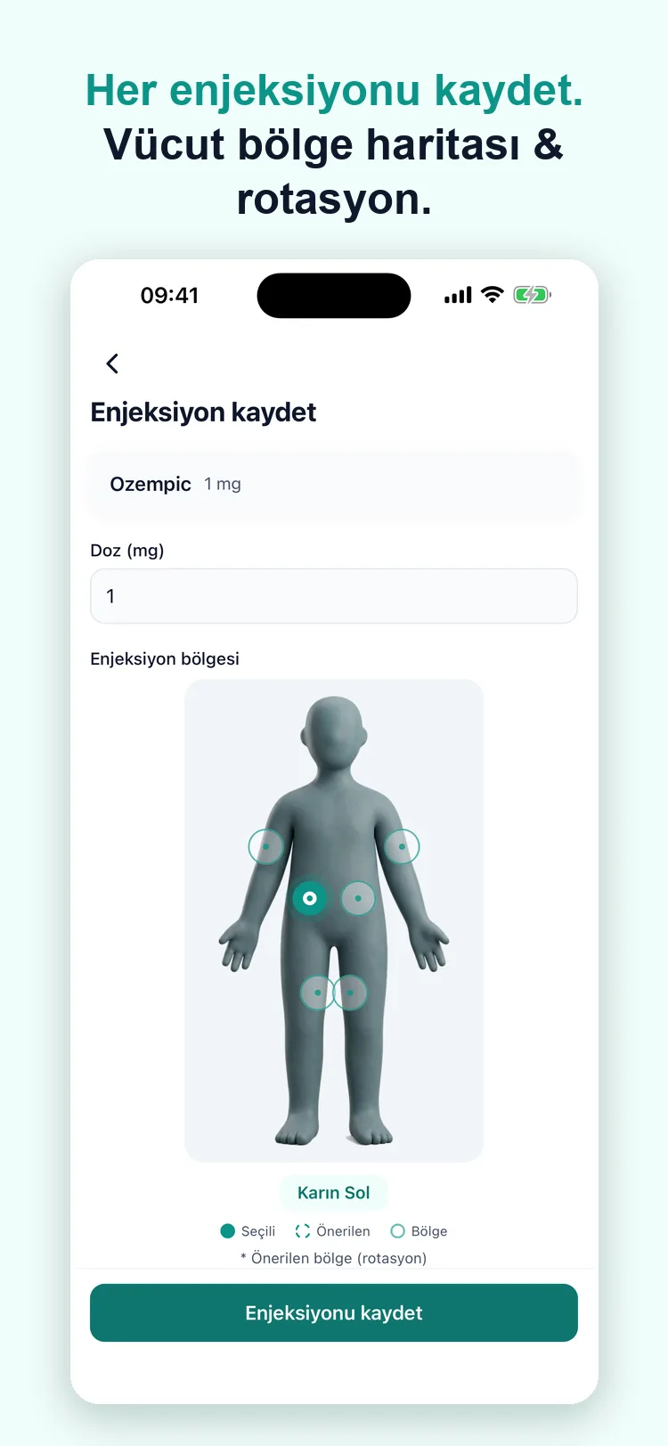 Vücut bölge haritası ile enjeksiyon kaydetme