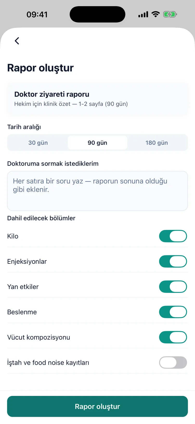 Doktor ziyareti raporu oluşturma: tarih aralığı, dahil edilecek bölümler ve sormak istedikleriniz
