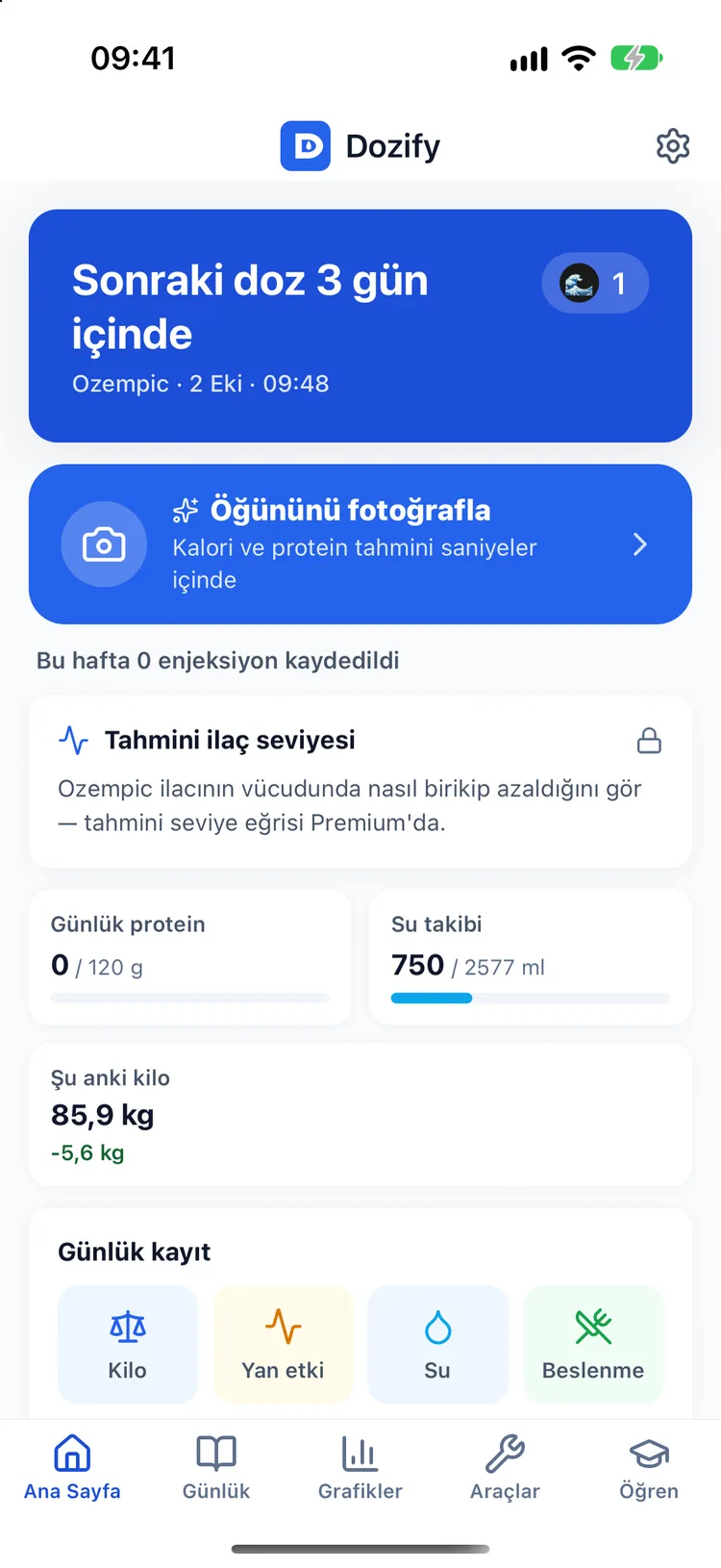Yunus temasında Dozify ana ekranı: sonraki doz, öğün fotoğrafı, ilaç seviyesi, protein, su ve kilo