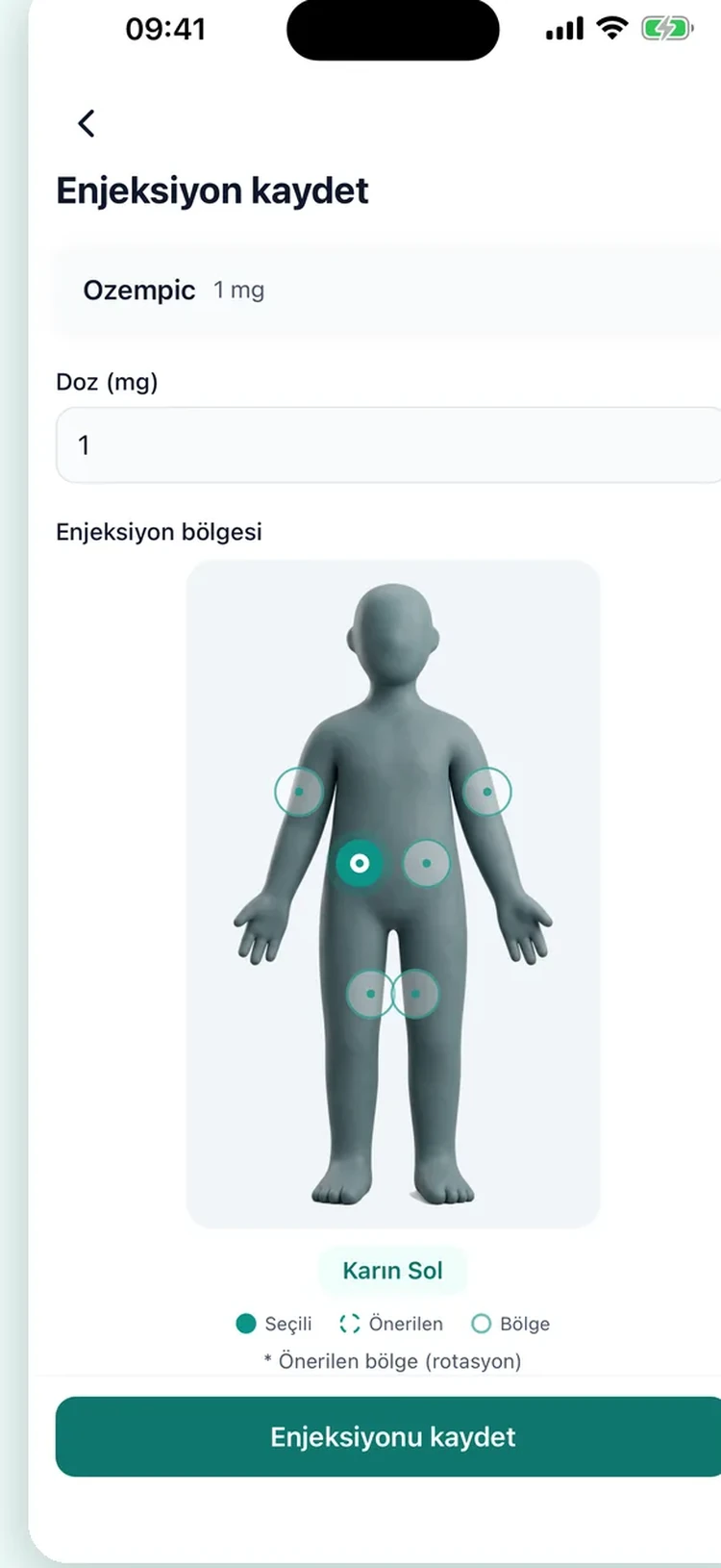 Sıradaki rotasyon bölgesini öneren vücut haritasıyla enjeksiyon kaydetme