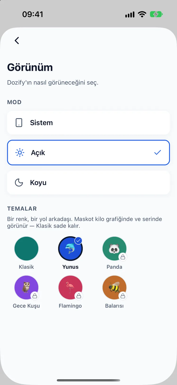 Altı maskotlu tema seçici: Klasik, Yunus, Panda, Gece Kuşu, Flamingo ve Arı