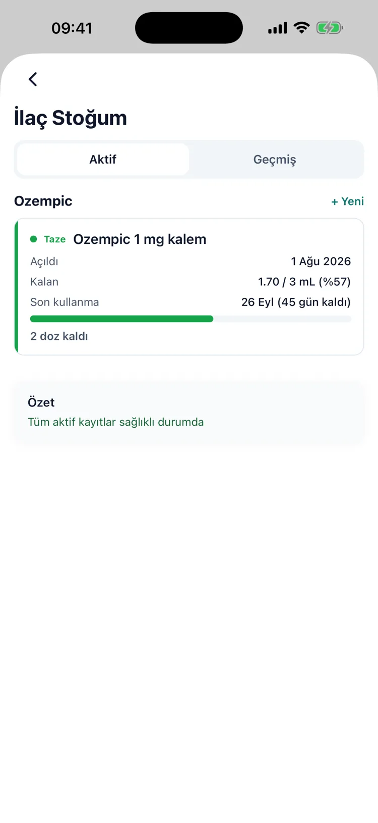 Flakon stoğu, kalan doz, açılıştan bu yana geçen gün ve son kullanma tarihi