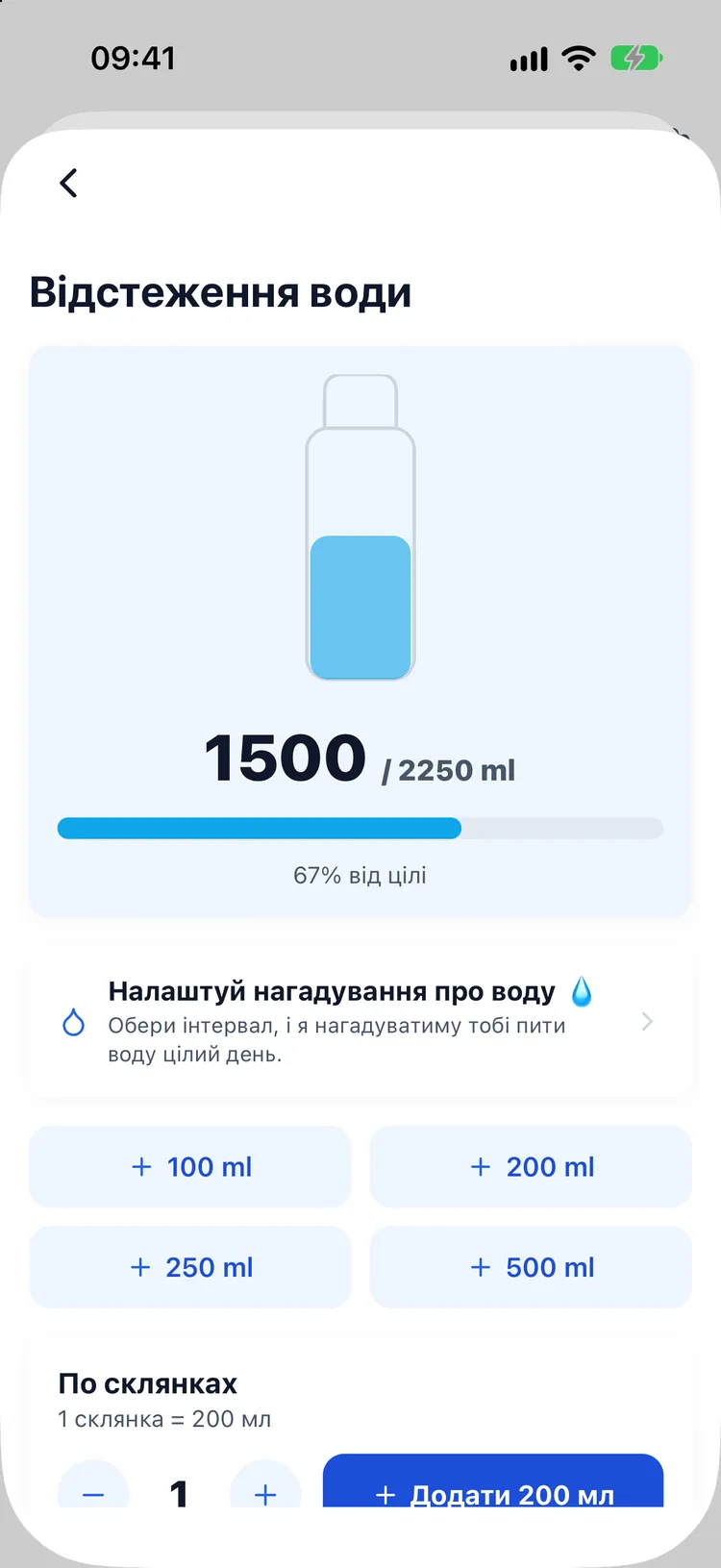 Облік води з калькулятором склянок і швидким додаванням об’єму