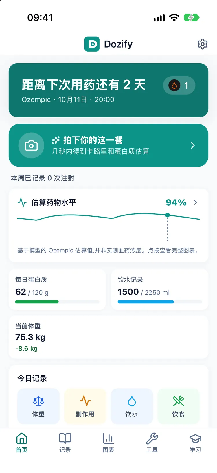 Dozify 主屏幕：下次剂量倒计时、本周注射、当天的蛋白质和饮水，以及当前体重